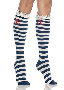 Leg Avenue Stripe Knee Highs with Lace Top and Woven Anchor (5591)